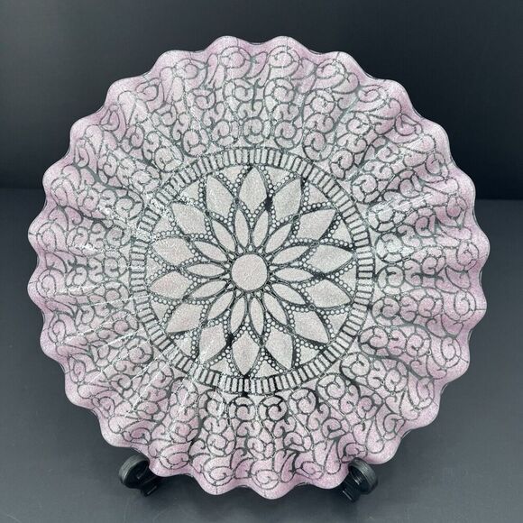 SYDENSTRICKER Embassy Pink Lace Ruffled Cake Plate Art Glass 12" - Picture 4 of 5